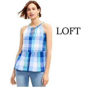 LOFT Plaid Keyhole Peplum Halter Top in Intense Seglass Sz M EUC​